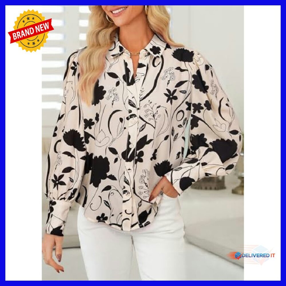 Long Sleeve Button Down Blouse, Polyester, Deep V… - image 4